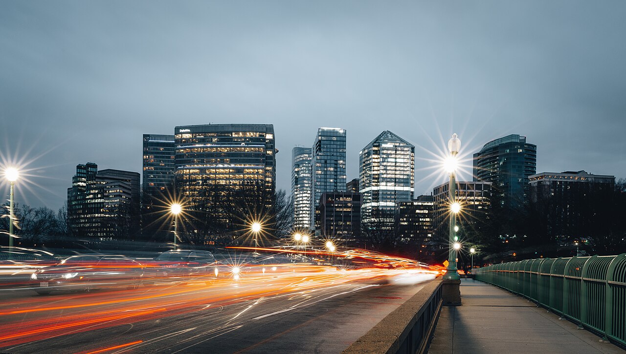 Rosslyn skyline at night from Key Bridge, Arlington, Virginia
